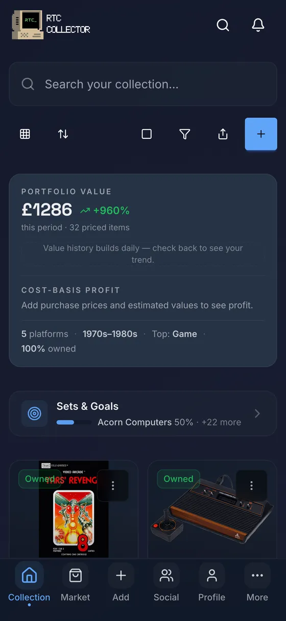 RTC Collector on a phone — your collection and its value in your pocket