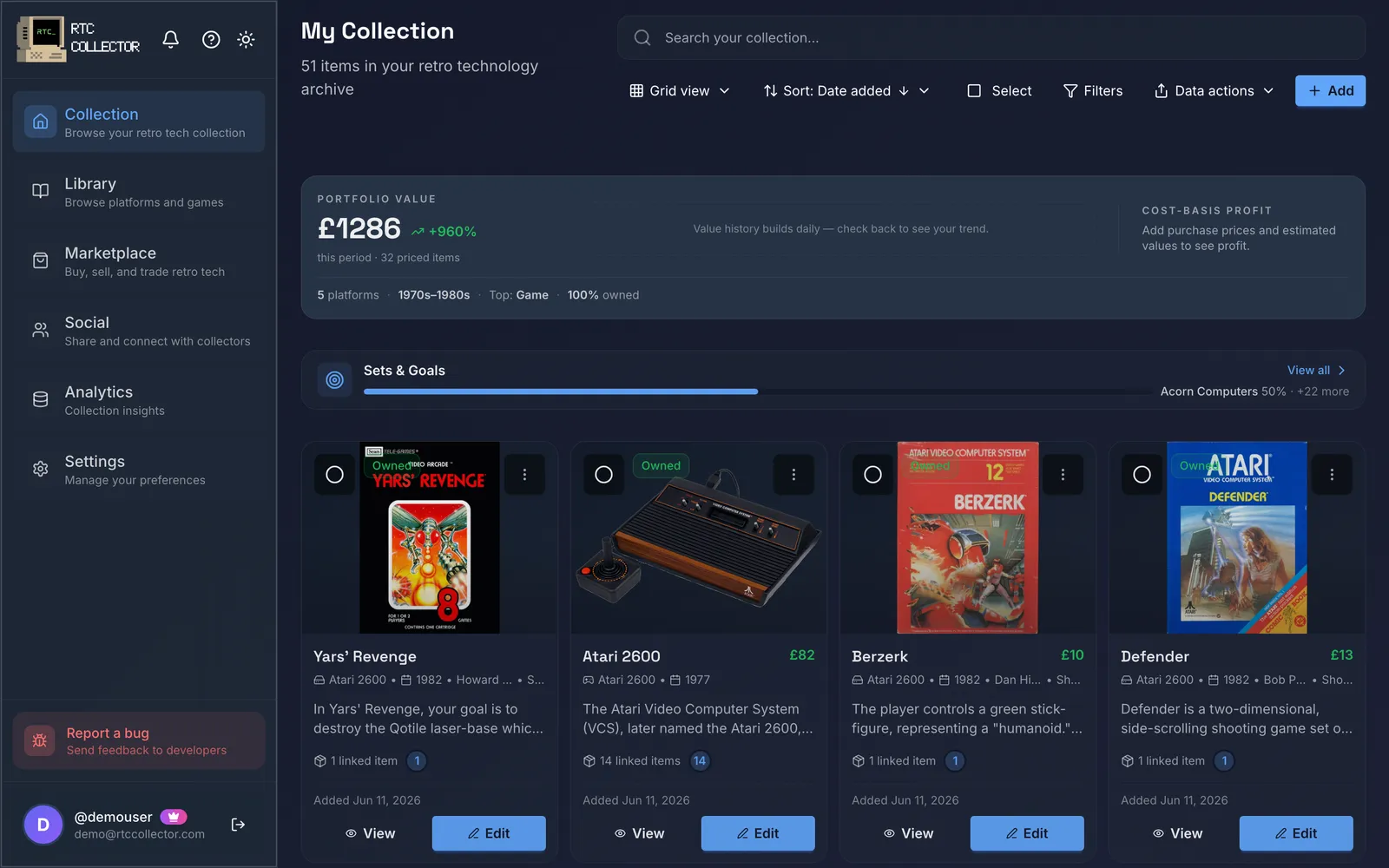 RTC Collector — a retro tech collection laid out as a grid, each item showing its current market value