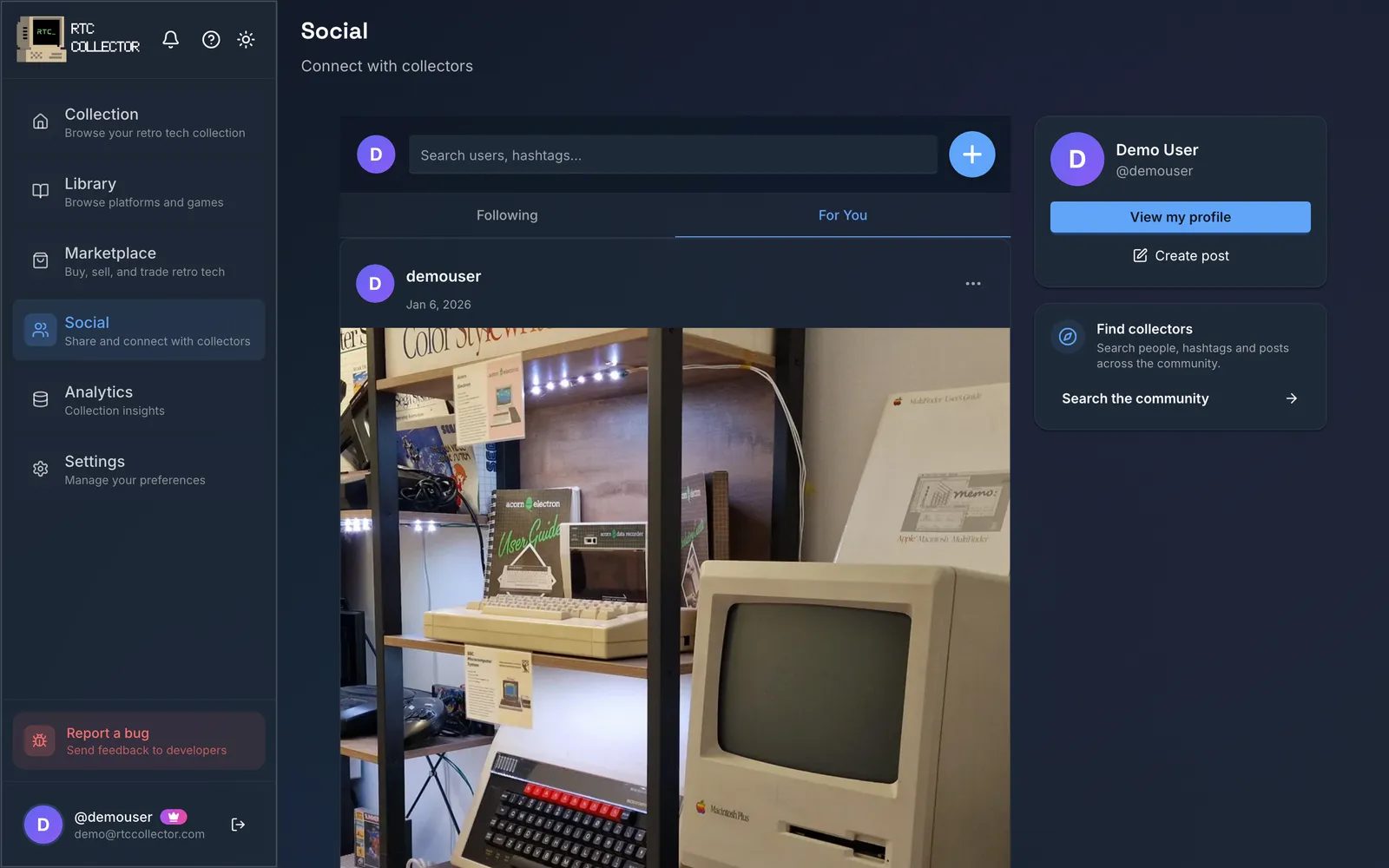 The social feed showing collectors' posts about their retro tech